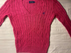 Authentic Polo Ralph Lauren Cable-Knit Cotton V-Neck Sweater – Vibrant Hot Pink (Size XS) - Vint Drop
