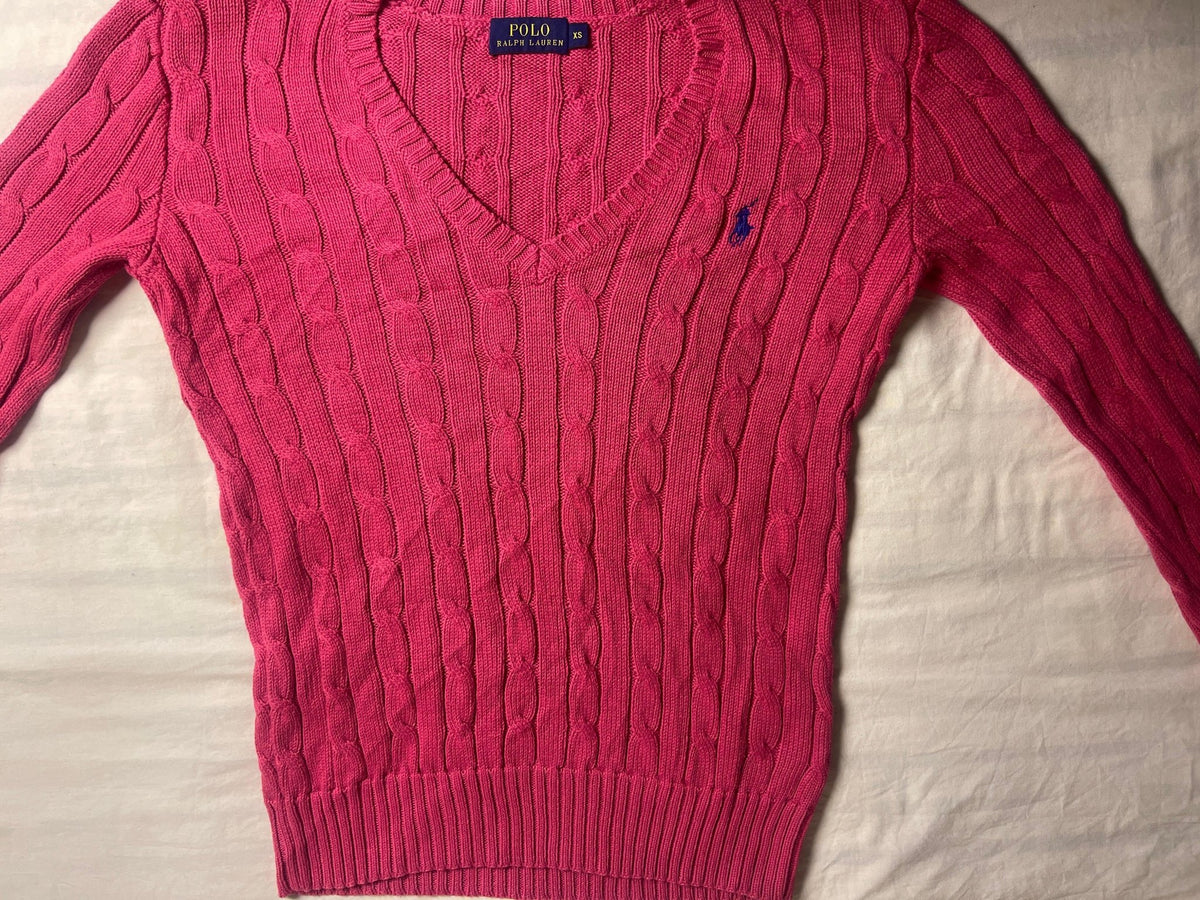 Authentic Polo Ralph Lauren Cable-Knit Cotton V-Neck Sweater – Vibrant Hot Pink (Size XS) - Vint Drop