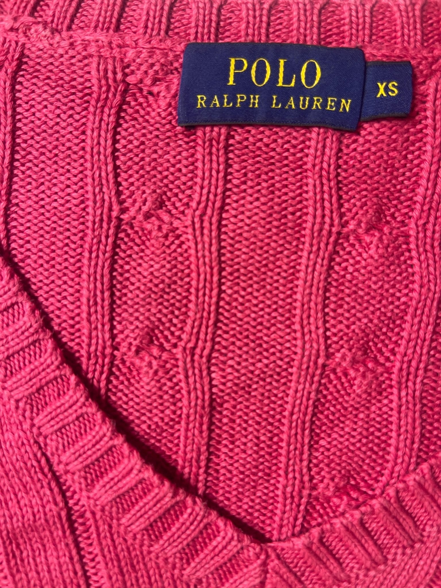 Authentic Polo Ralph Lauren Cable-Knit Cotton V-Neck Sweater – Vibrant Hot Pink (Size XS) - Vint Drop