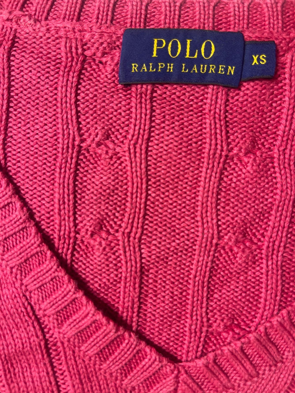 Authentic Polo Ralph Lauren Cable-Knit Cotton V-Neck Sweater – Vibrant Hot Pink (Size XS) - Vint Drop