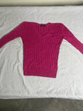Authentic Polo Ralph Lauren Cable-Knit Cotton V-Neck Sweater – Vibrant Hot Pink (Size XS) - Vint Drop