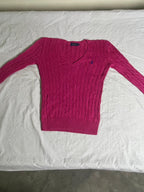 Authentic Polo Ralph Lauren Cable-Knit Cotton V-Neck Sweater – Vibrant Hot Pink (Size XS) - Vint Drop
