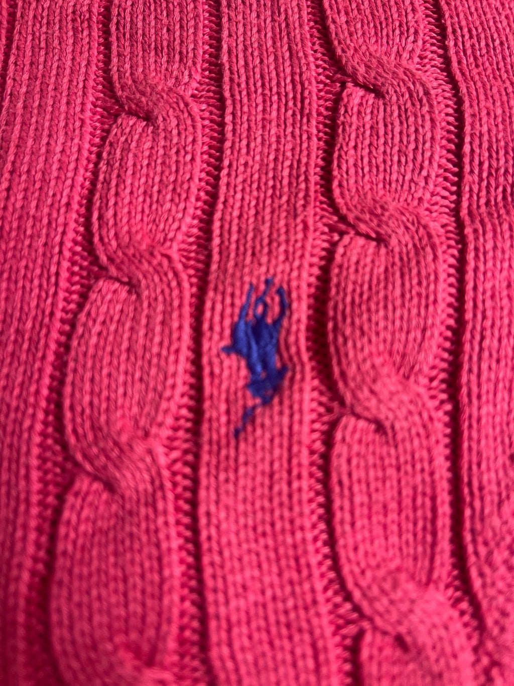 Authentic Polo Ralph Lauren Cable-Knit Cotton V-Neck Sweater – Vibrant Hot Pink (Size XS) - Vint Drop