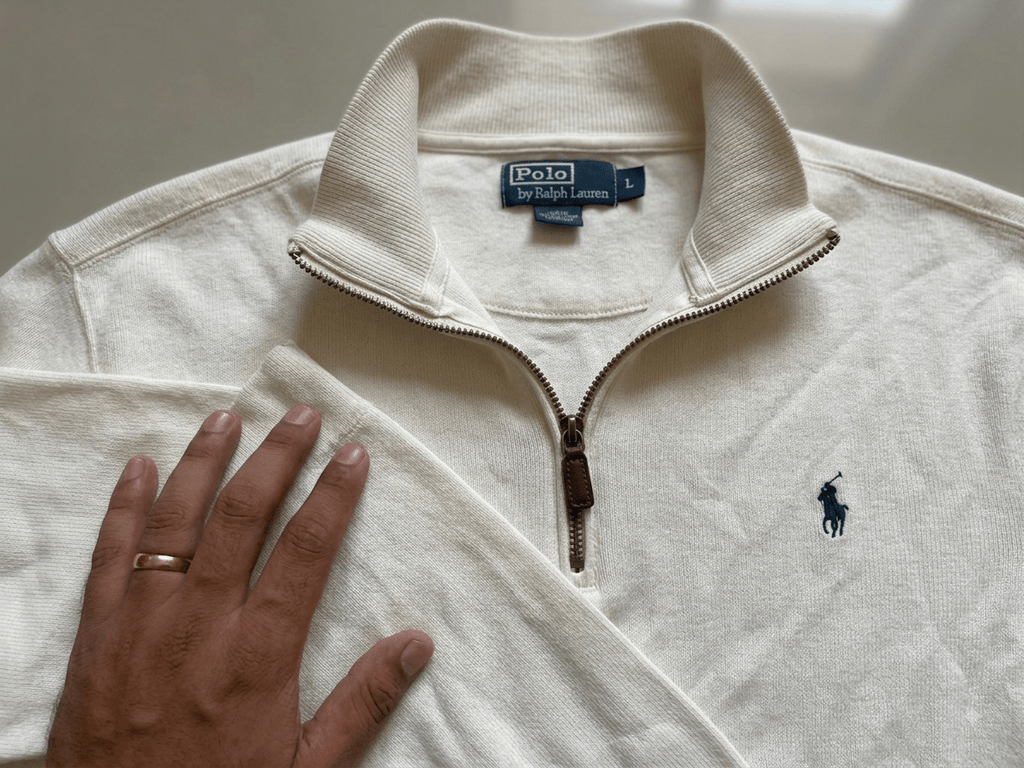 Polo Ralph Lauren Men's Quarter-Zip Sweatshirt – Off-White / Cream (Size L) - Vint Drop
