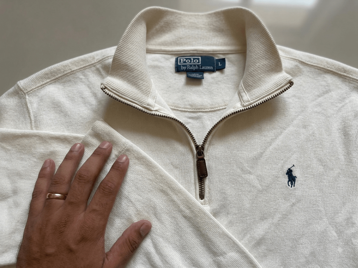 Polo Ralph Lauren Men's Quarter-Zip Sweatshirt – Off-White / Cream (Size L) - Vint Drop