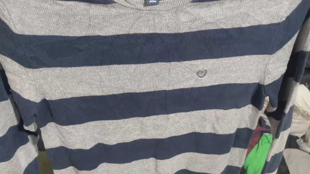 Vintage Chaps Navy & Grey Striped Knit Crewneck Sweater - Size L