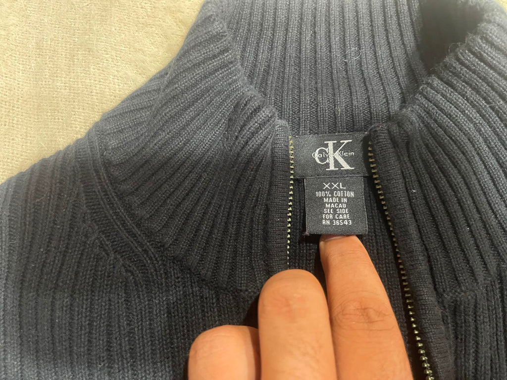 Vintage Calvin Klein Black Ribbed Quarter-Zip Sweater - Size XXL - Vint Drop