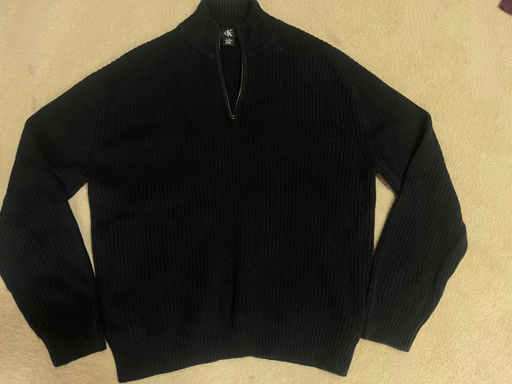 Vintage Calvin Klein Black Ribbed Quarter-Zip Sweater - Size XXL - Vint Drop