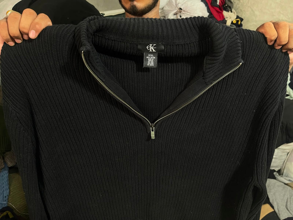 Vintage Calvin Klein Black Ribbed Quarter-Zip Sweater - Size XXL - Vint Drop