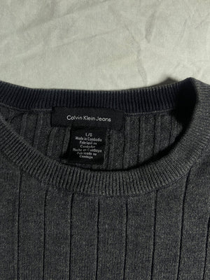 Vintage Calvin Klein Jeans Charcoal Grey Ribbed Chest-Logo Jumper - Vint Drop
