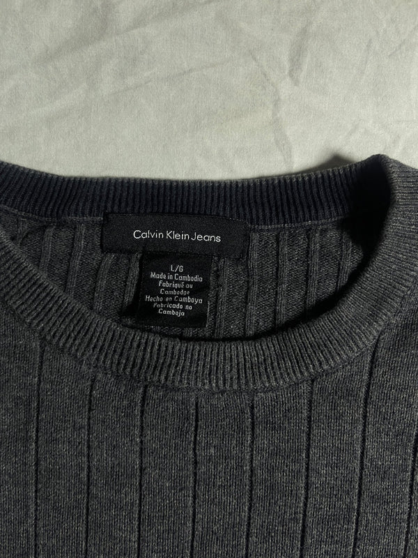 Vintage Calvin Klein Jeans Charcoal Grey Ribbed Chest-Logo Jumper