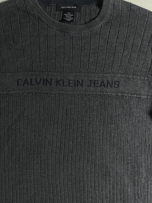 Vintage Calvin Klein Jeans Charcoal Grey Ribbed Chest-Logo Jumper - Vint Drop