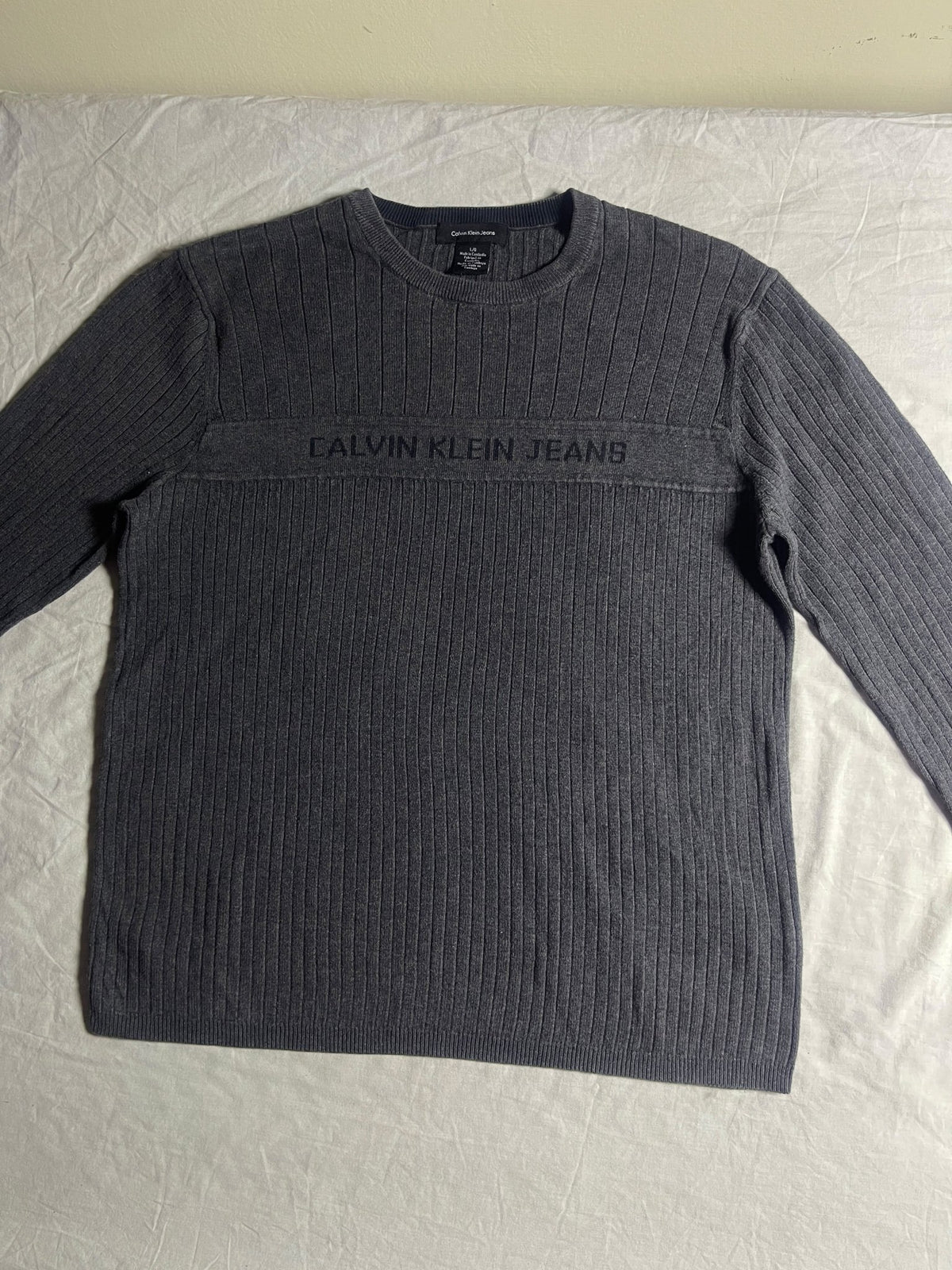 Vintage Calvin Klein Jeans Charcoal Grey Ribbed Chest-Logo Jumper - Vint Drop