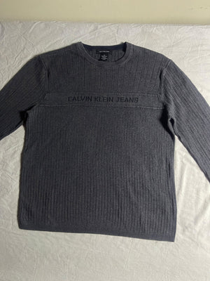 Vintage Calvin Klein Jeans Charcoal Grey Ribbed Chest-Logo Jumper - Vint Drop