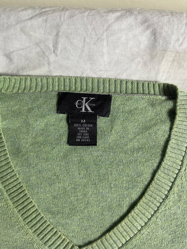 Vintage Calvin Klein Sage Green 100% Cotton V-Neck Knit Jumper