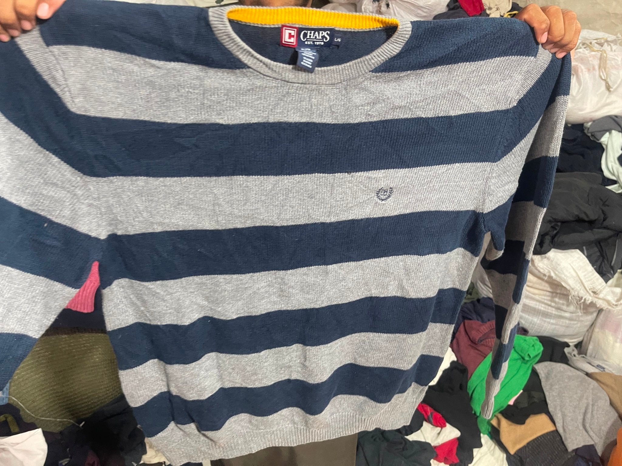 Vintage Chaps Navy & Grey Striped Knit Crewneck Sweater - Size L - Vint Drop