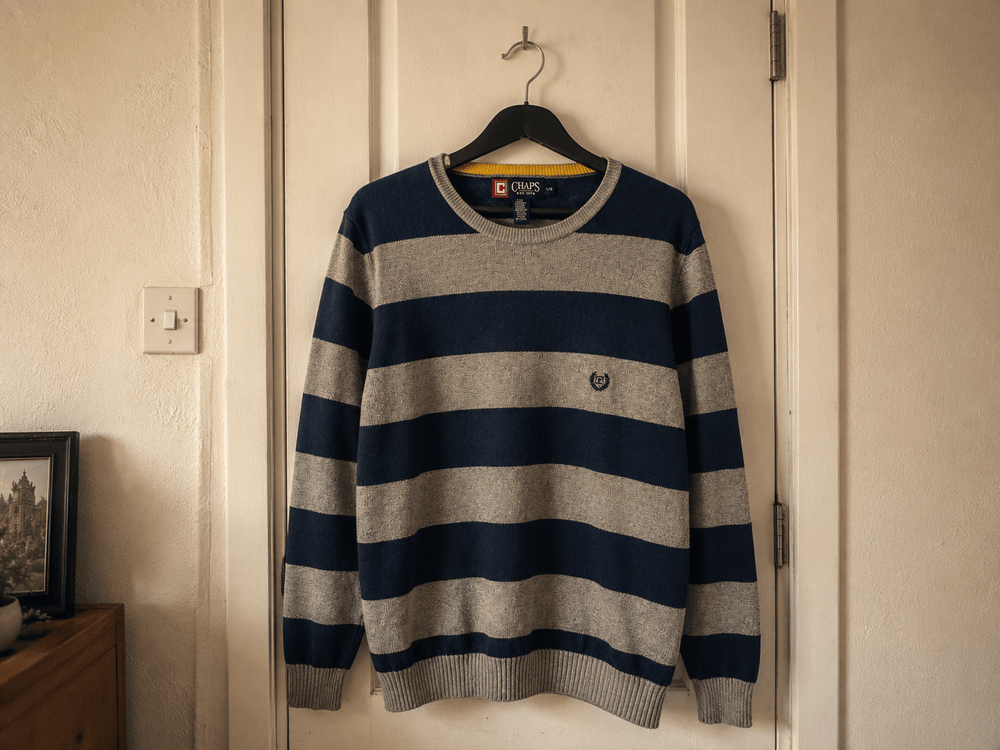 Vintage Chaps Navy & Grey Striped Knit Crewneck Sweater - Size L - Vint Drop