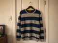 Vintage Chaps Navy & Grey Striped Knit Crewneck Sweater - Size L - Vint Drop