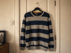 Vintage Chaps Navy & Grey Striped Knit Crewneck Sweater - Size L - Vint Drop