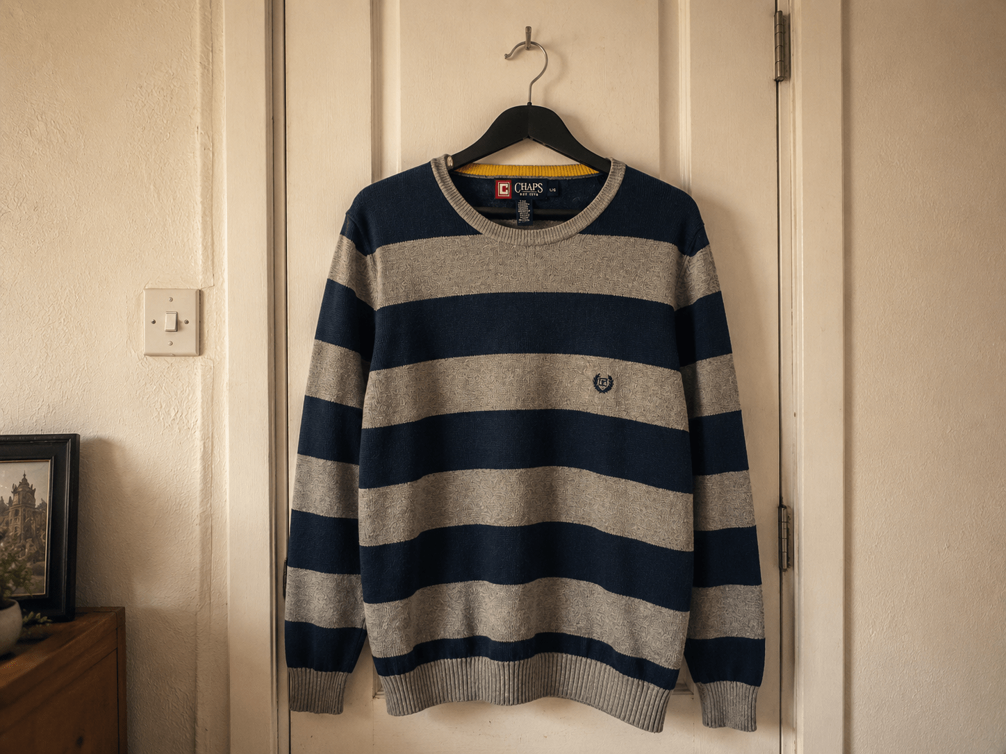 Vintage Chaps Navy & Grey Striped Knit Crewneck Sweater - Size L - Vint Drop