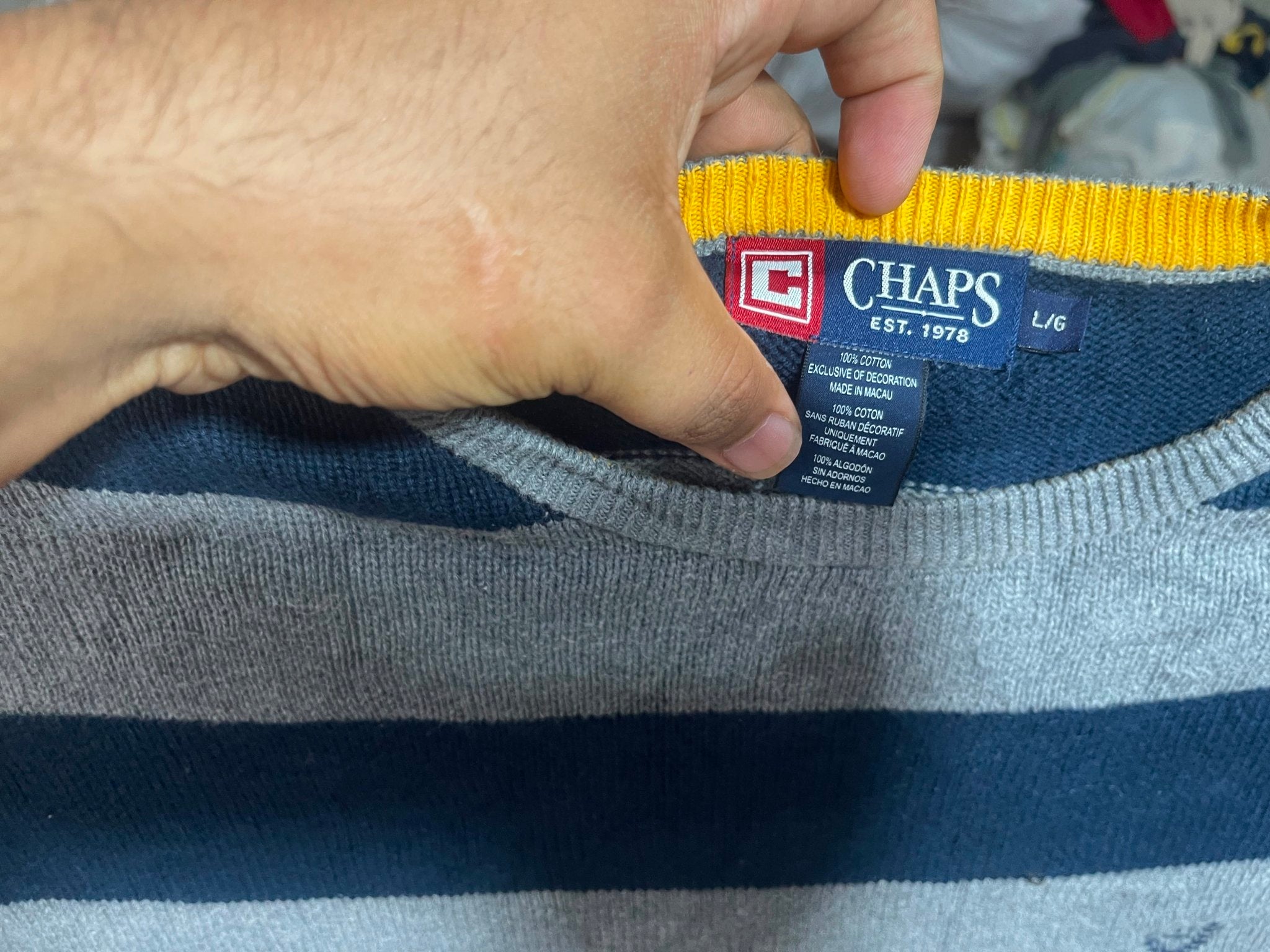 Vintage Chaps Navy & Grey Striped Knit Crewneck Sweater - Size L - Vint Drop