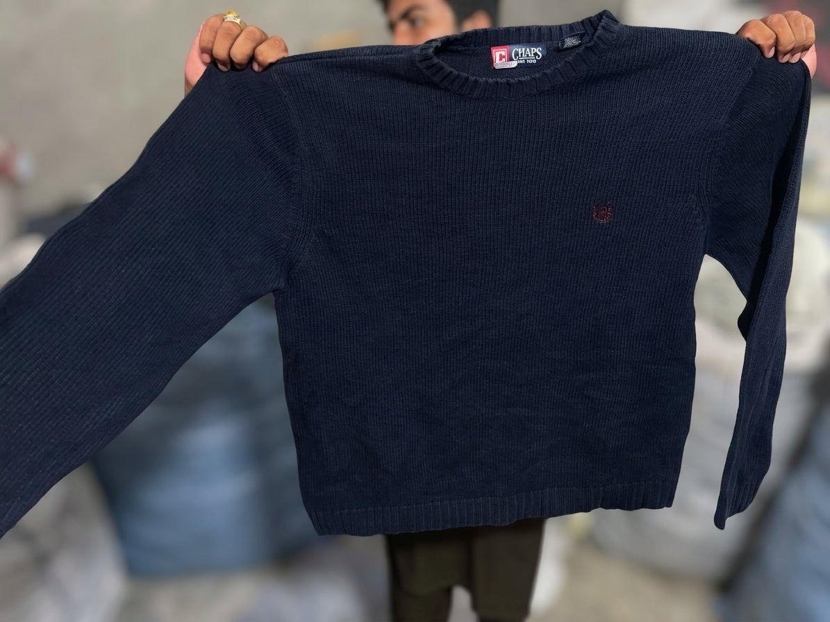 Vintage Chaps Ralph Lauren Navy Blue Heavy Knit Crewneck Sweater (Large) - Vint Drop