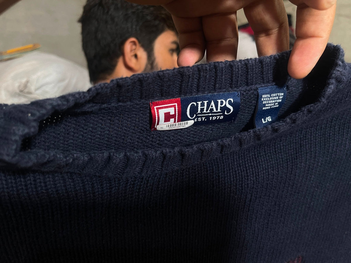 Vintage Chaps Ralph Lauren Navy Blue Heavy Knit Crewneck Sweater (Large) - Vint Drop