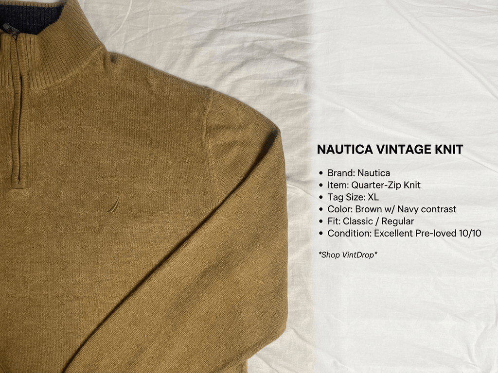 Vintage Nautica Quarter Zip Knit Sweater - Beige / Tan (XL) - Vint Drop