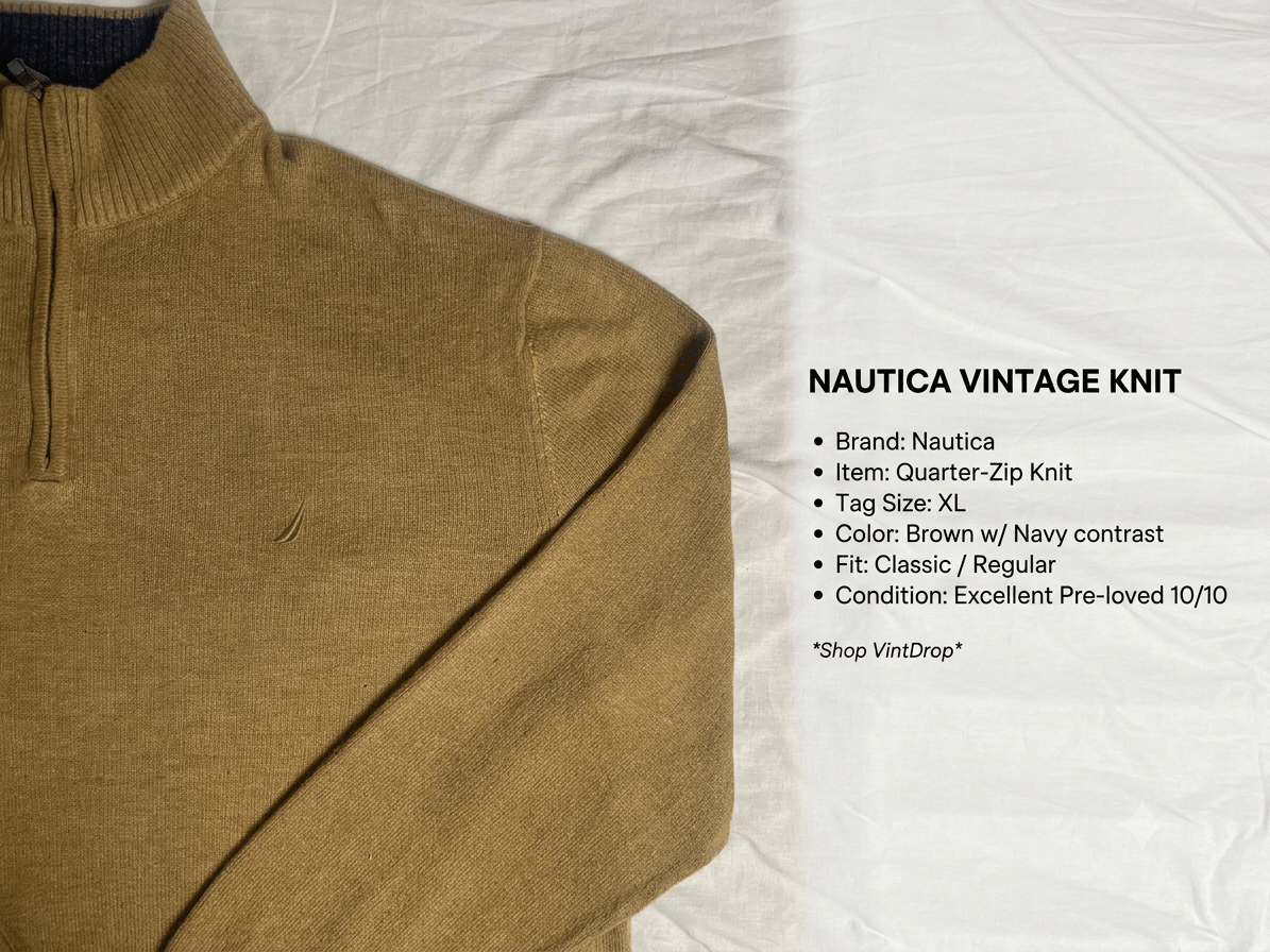 Vintage Nautica Quarter Zip Knit Sweater - Beige / Tan (XL) - Vint Drop