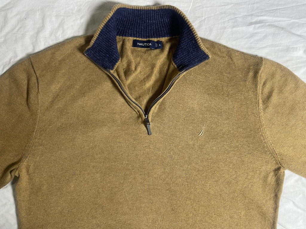 Vintage Nautica Quarter Zip Knit Sweater - Beige / Tan (XL) - Vint Drop
