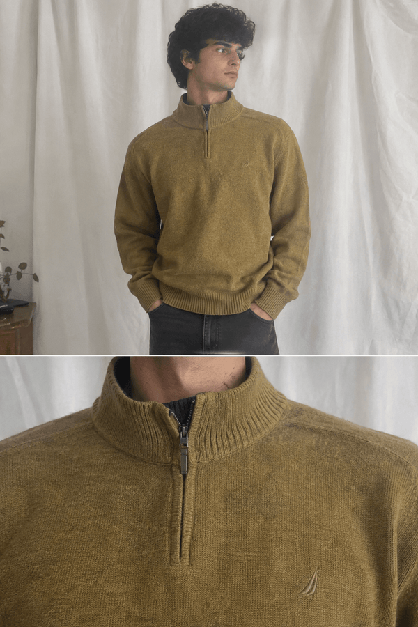 Vintage Nautica Quarter Zip Knit Sweater - Beige / Tan (XL)