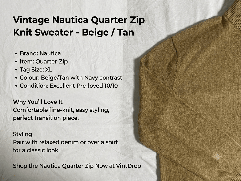 Vintage Nautica Quarter Zip Knit Sweater - Beige / Tan (XL) - Vint Drop