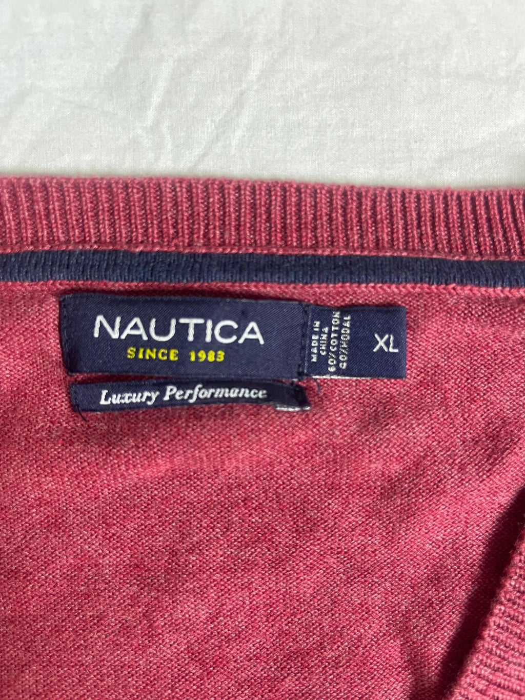 Vintage Nautica V-Neck Knit Jumper - Maroon / Heathered Red (Size XL) - Vint Drop