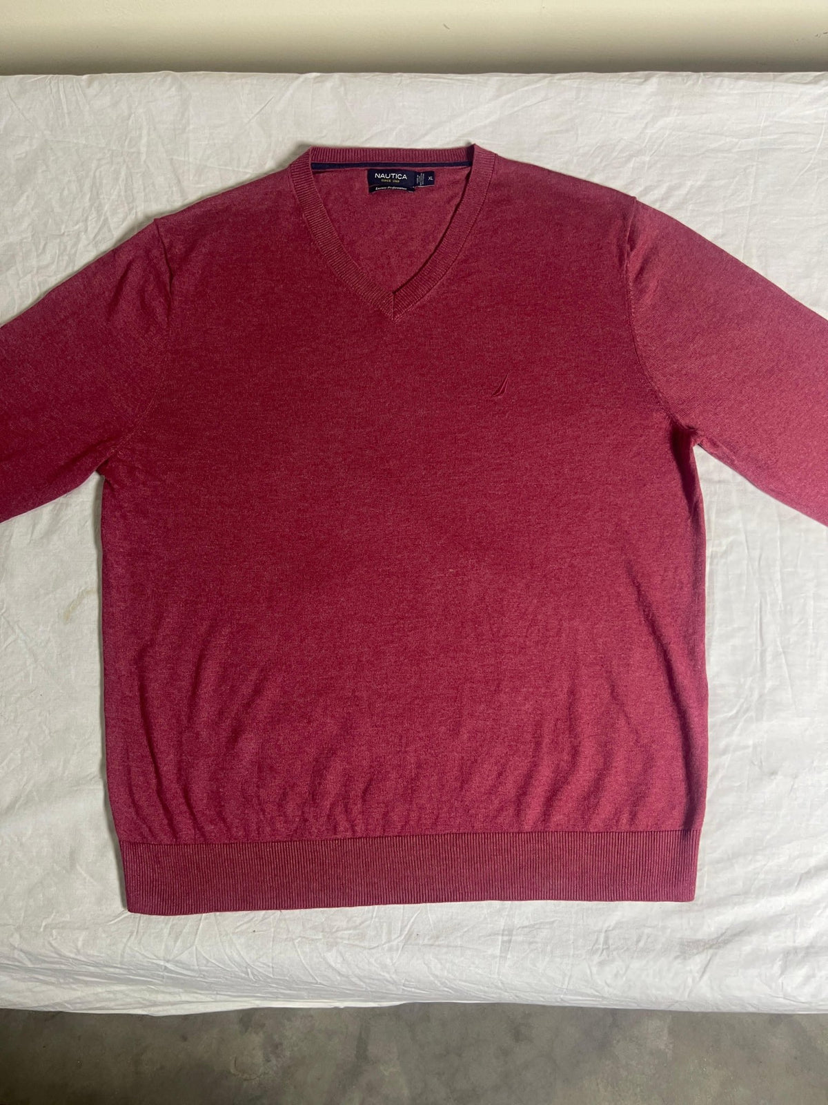 Vintage Nautica V-Neck Knit Jumper - Maroon / Heathered Red (Size XL) - Vint Drop