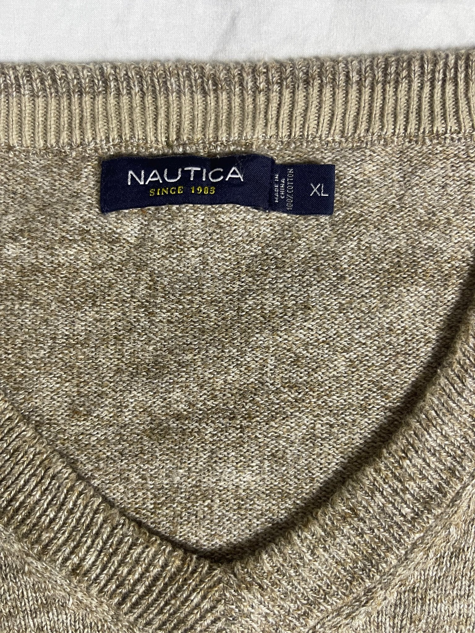 Vintage Nautica V-Neck Knit Jumper - Oatmeal Beige (Size XL) - Vint Drop
