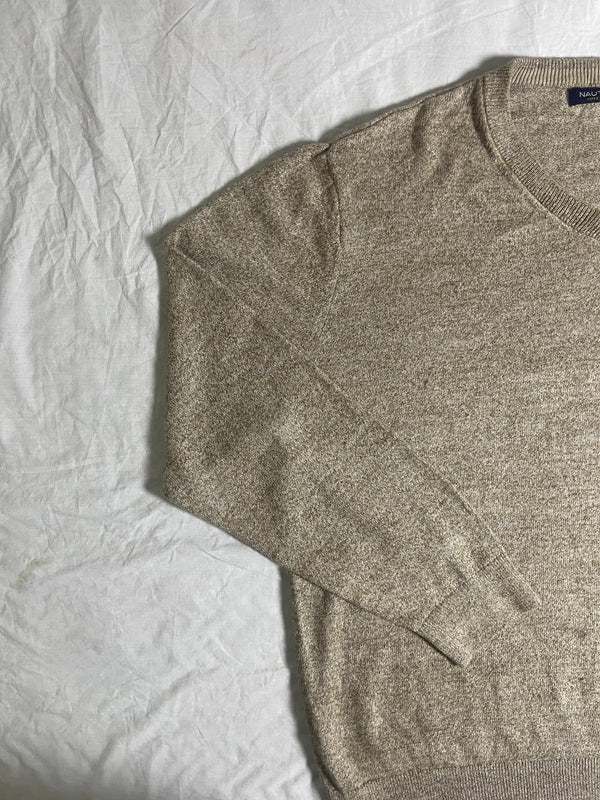 Vintage Nautica V-Neck Knit Jumper - Oatmeal Beige (Size XL)