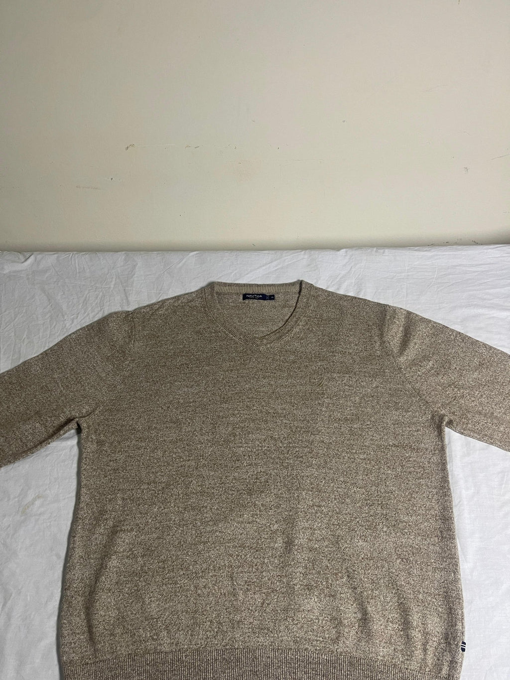 Vintage Nautica V-Neck Knit Jumper - Oatmeal Beige (Size XL) - Vint Drop