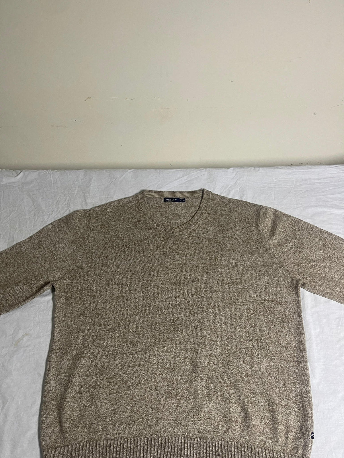 Vintage Nautica V-Neck Knit Jumper - Oatmeal Beige (Size XL) - Vint Drop