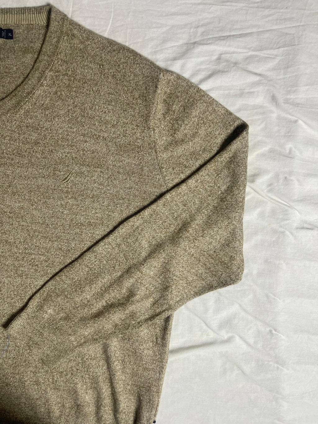 Vintage Nautica V-Neck Knit Jumper - Oatmeal Beige (Size XL) - Vint Drop