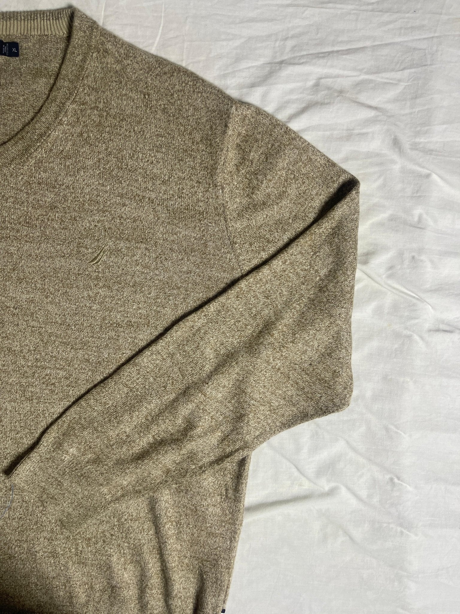 Vintage Nautica V-Neck Knit Jumper - Oatmeal Beige (Size XL) - Vint Drop