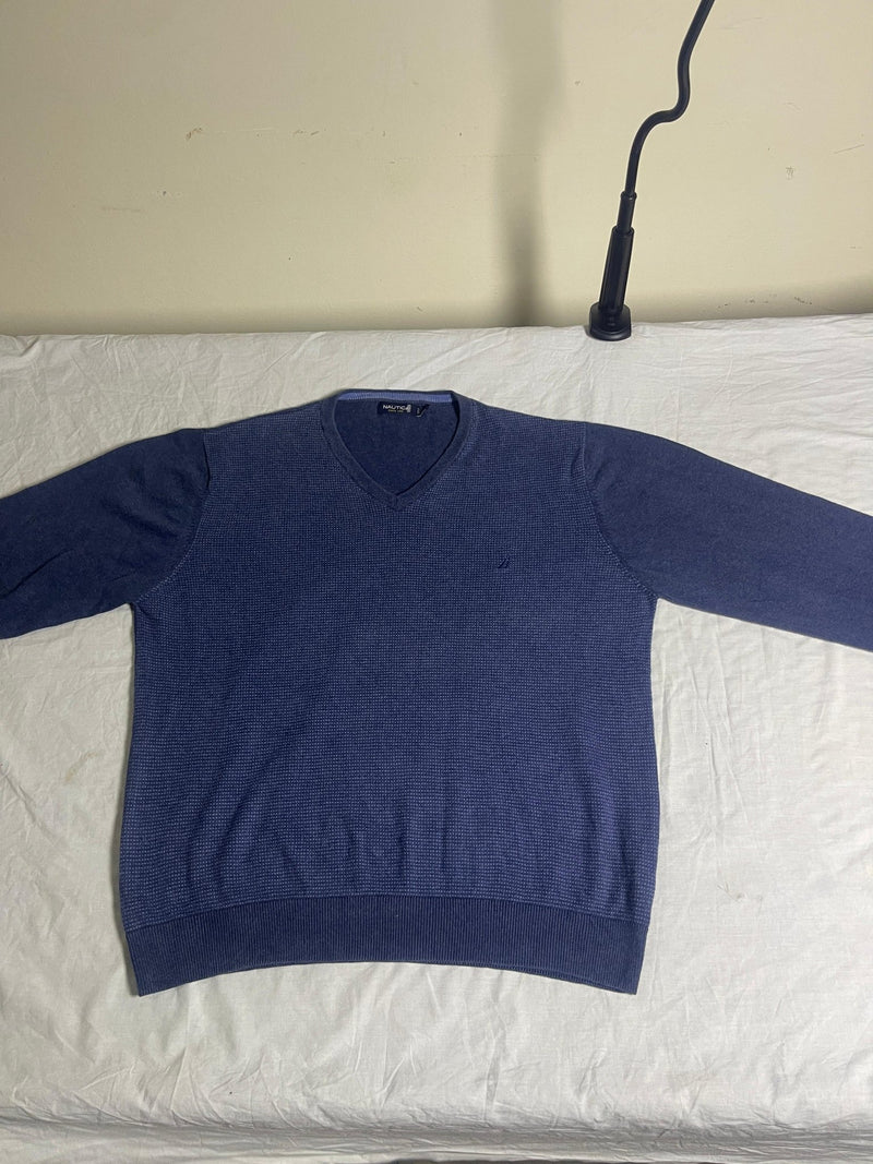 Vintage Nautica V-Neck Knit Jumper - Slate Blue (Size L) - Vint Drop