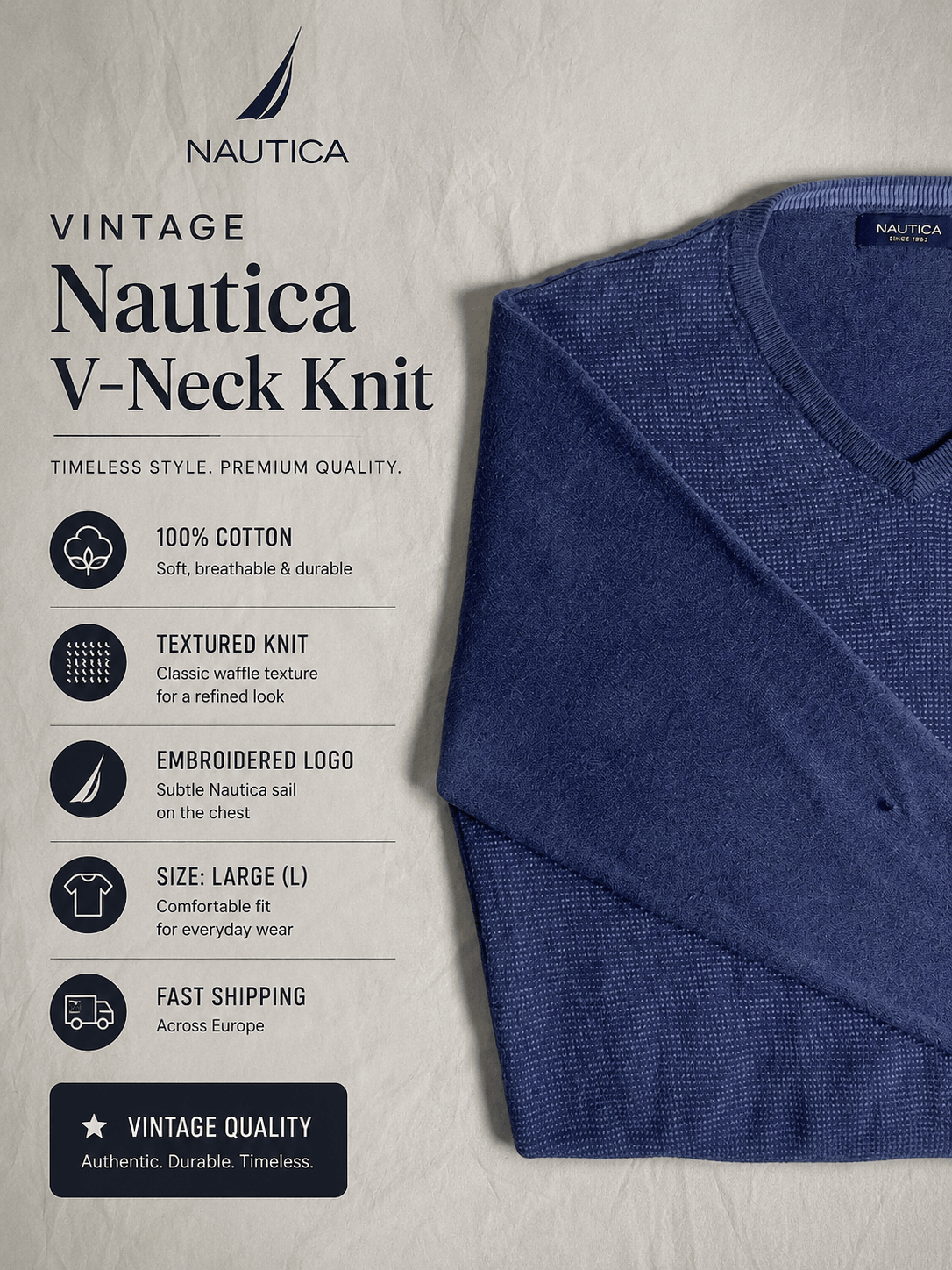 Vintage Nautica V-Neck Knit Jumper - Slate Blue (Size L) - Vint Drop
