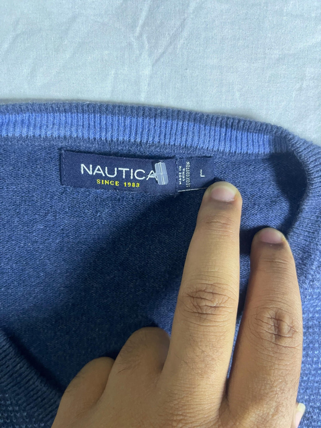 Vintage Nautica V-Neck Knit Jumper - Slate Blue (Size L) - Vint Drop