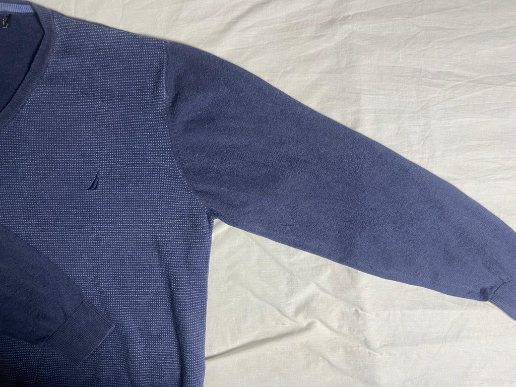 Vintage Nautica V-Neck Knit Jumper - Slate Blue (Size L) - Vint Drop
