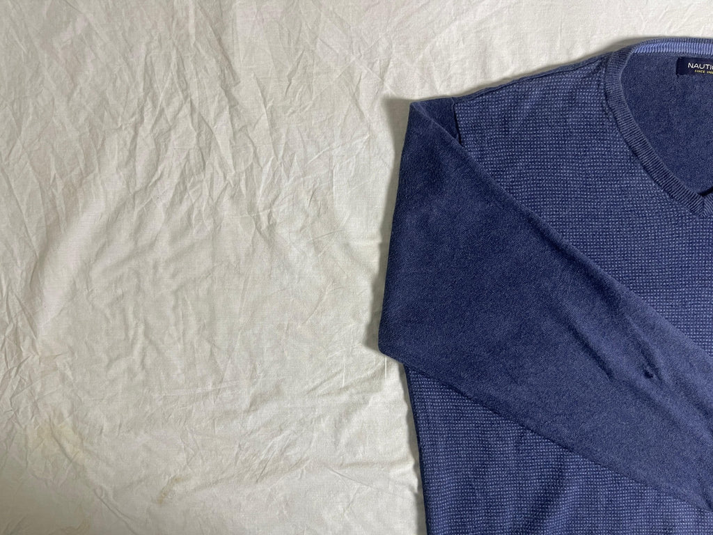 Vintage Nautica V-Neck Knit Jumper - Slate Blue (Size L) - Vint Drop