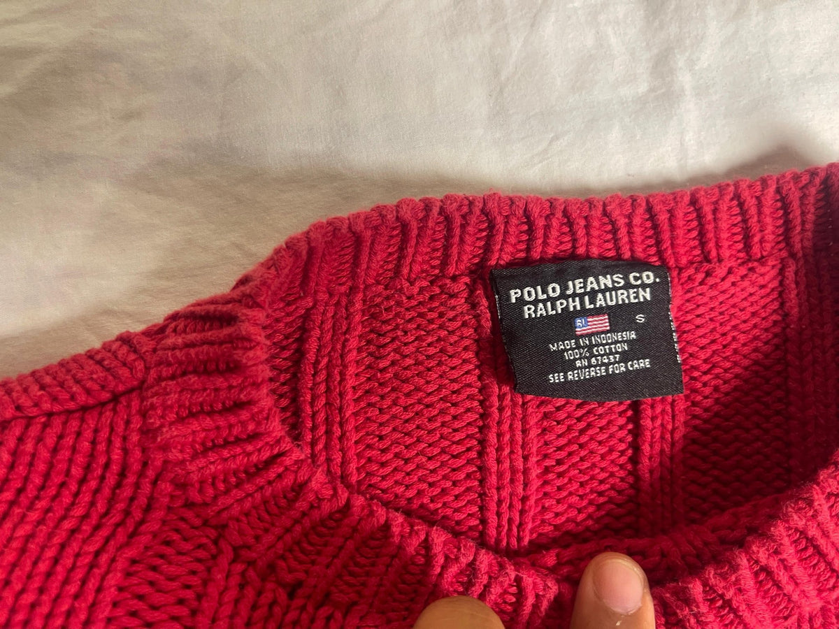 Vintage Polo Jeans Co. Ralph Lauren American Flag Heavy Knit Sweater – Red (Size Small) - Vint Drop