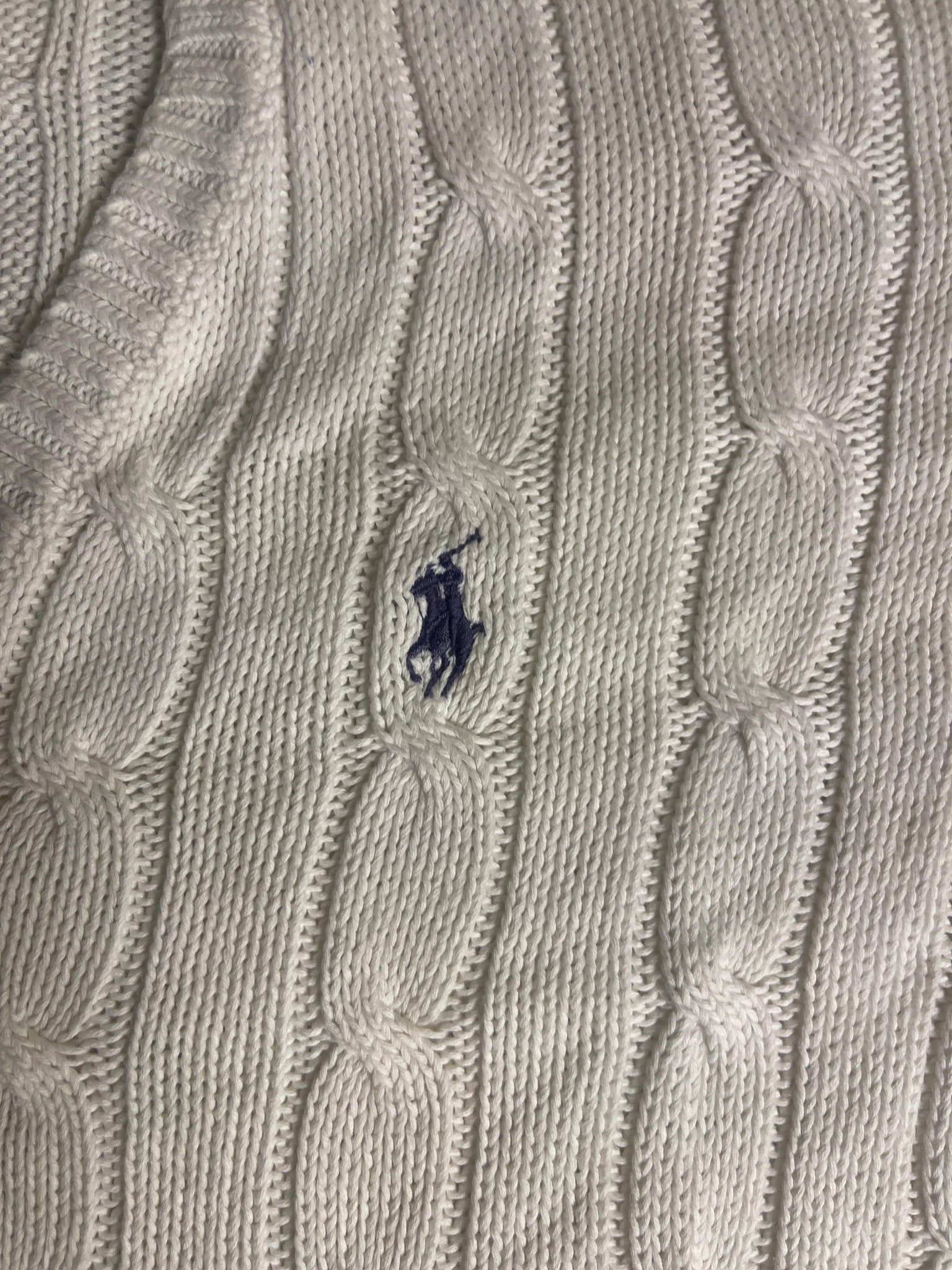 Vintage Polo Ralph Lauren Cable-Knit V-Neck Sweater - White Pima Cotton (XS) - Vint Drop