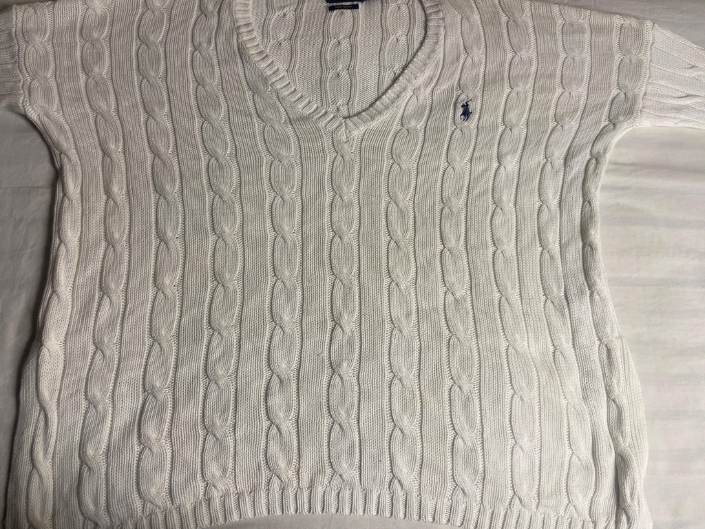 Vintage Polo Ralph Lauren Cable-Knit V-Neck Sweater - White Pima Cotton (XS) - Vint Drop