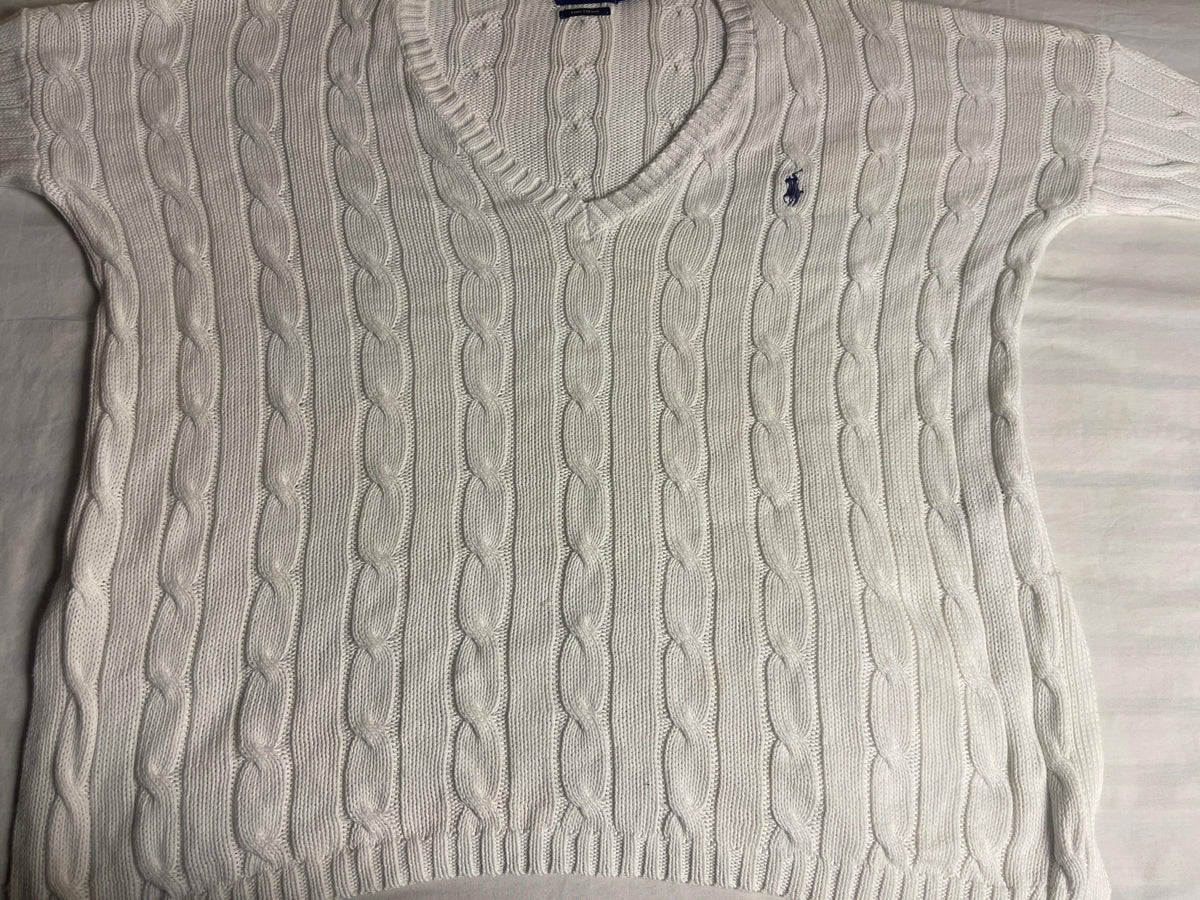 Vintage Polo Ralph Lauren Cable-Knit V-Neck Sweater - White Pima Cotton (XS) - Vint Drop