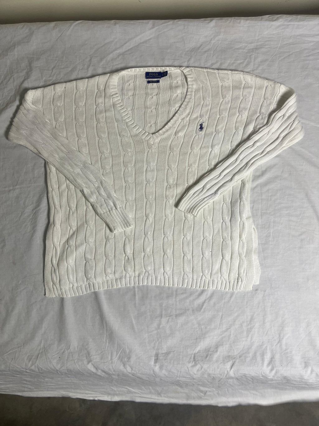 Vintage Polo Ralph Lauren Cable-Knit V-Neck Sweater - White Pima Cotton (XS) - Vint Drop